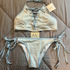 Blue and white striped bikini
